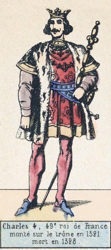 Karl 4, Frankrikes 49:e kung, besteg tronen 1321, dog 1328 (färgad gravyr) av French School