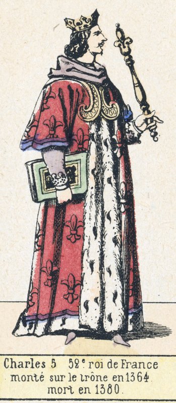 Karl 5, 52:e kung av Frankrike, besteg tronen 1364, dog 1380 (färgad gravyr) av French School