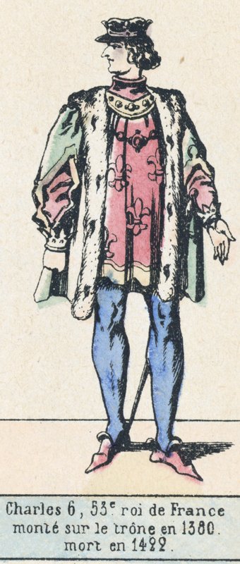 Karl 6, 53:e kung av Frankrike, besteg tronen 1380, dog 1422 (färgad gravyr) av French School