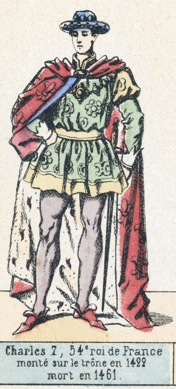 Karl 7, 54:e kung av Frankrike, besteg tronen 1422, dog 1461 (färgad gravyr) av French School