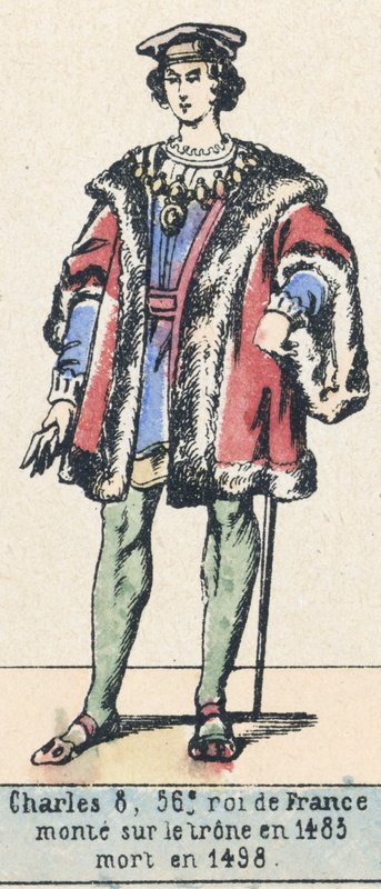 Karl 8, 56:e kung av Frankrike, besteg tronen 1483, dog 1498 (färgad gravyr) av French School