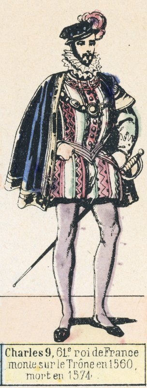 Karl 9, Frankrikes 61:e kung, besteg tronen 1560, dog 1574 (färgad gravyr) av French School