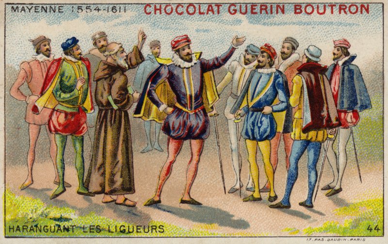 Charles, hertig av Mayenne, talar till medlemmar i katolska förbundet (chromolitho) av French School