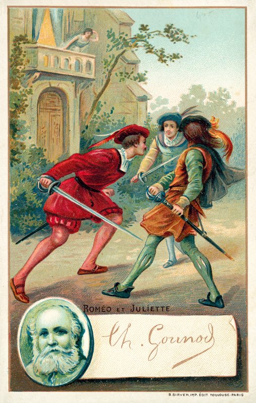 Charles Gounod, fransk kompositör, och en scen ur hans opera Romeo et Juliette (chromolitho) av French School
