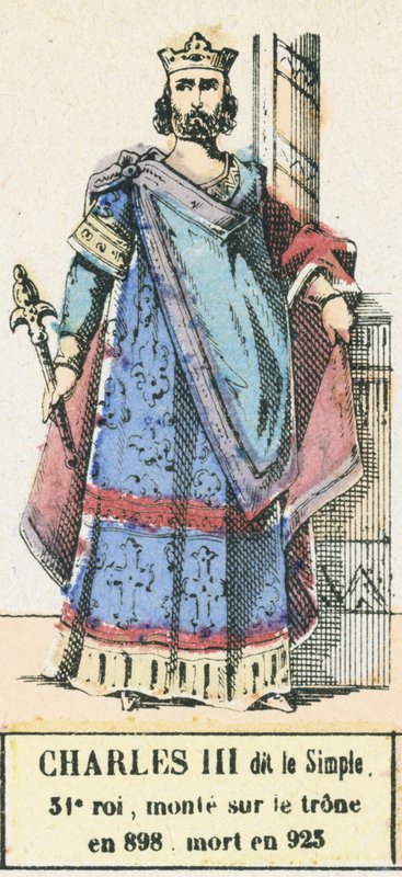 Charles III dit le Simple, 31:e kung, besteg tronen 898, dog 923 (färgad gravyr) av French School