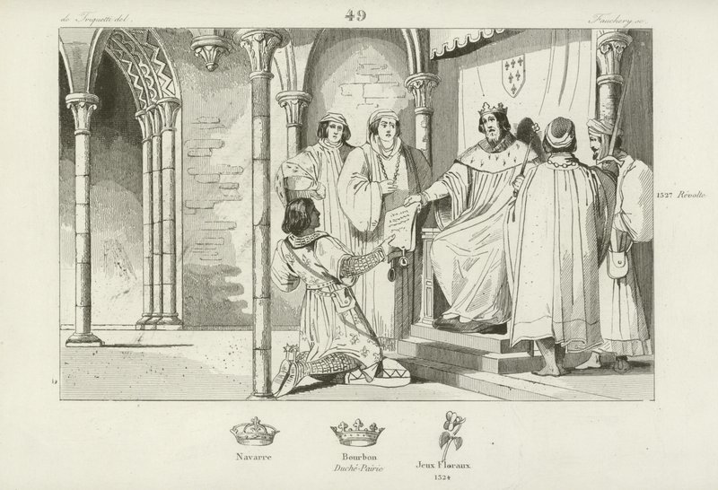 Karl IV av Frankrike gör Ludvig, greve av Clermont-en Beauvaisis, hertig av Bourbon, 1327 av French School