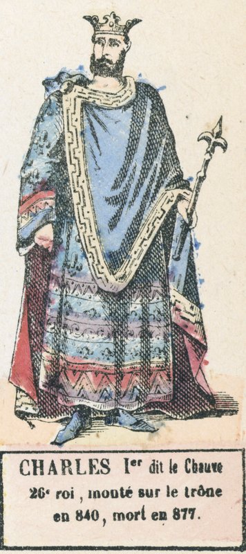 Karl I kallade den skallige, 26:e kung, besteg tronen 840, dog 877 (färgad gravyr) av French School