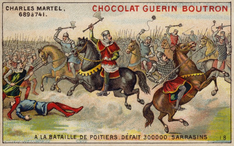 Charles Martel besegrade en armé på 300 000 saracener i slaget vid Poitiers, 732 (chromolitho) av French School