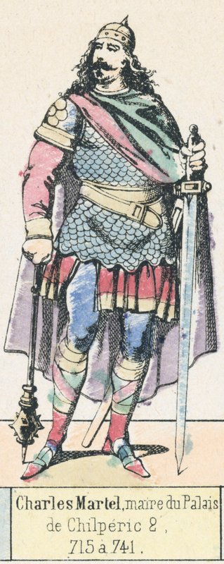 Charles Martel, borgmästare i slottet, Chilperic 2, 715 a 741 (färgad gravyr) av French School