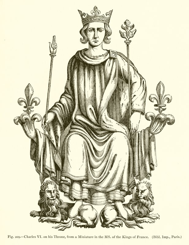 Charles VI på sin tron, från en miniatyr i MS. av Frankrikes kungar av French School