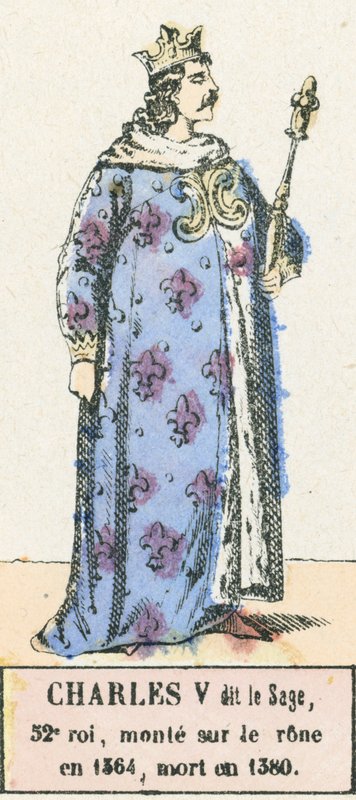 Charles V dit le Sage, 52:e kung, besteg tronen 1364, dog 1380 (färgad gravyr) av French School