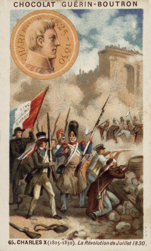 Karl X av Frankrike och revolutionen i juli 1830 (chromolitho) av French School