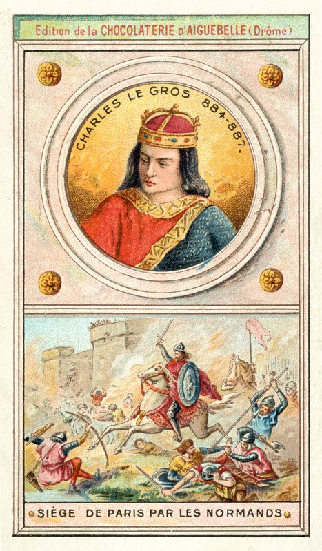Karl den tjocke och vikingarnas belägring av Paris, 885-886 (chromolitho) av French School