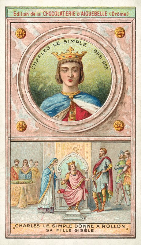 Karl den Enkle gav sin dotter Gisele till Rollo av Normandie i äktenskap, 911 (chromolitho) av French School