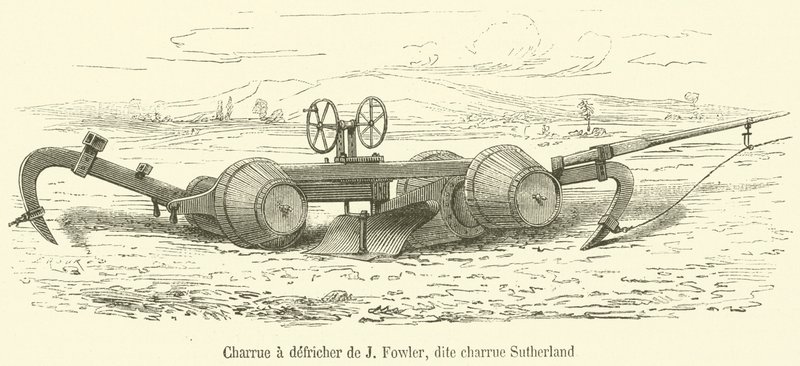 J Fowlers röjningsplog, kallad Sutherland plog (gravyr) av French School