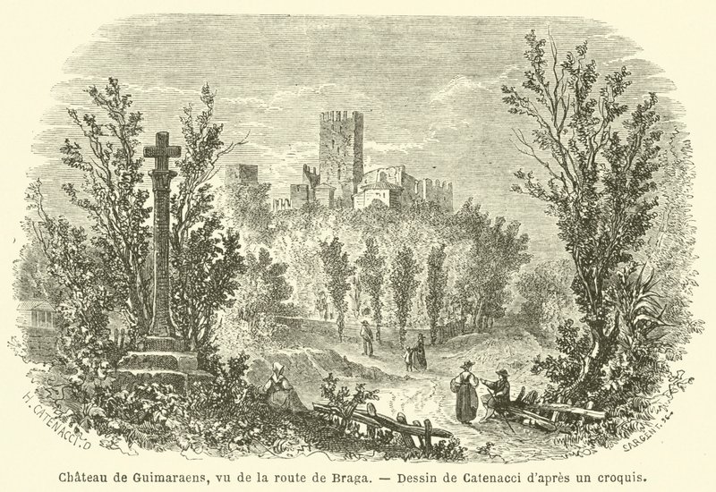 Chateau de Guimaraens, sett från vägen till Braga (gravyr) av French School