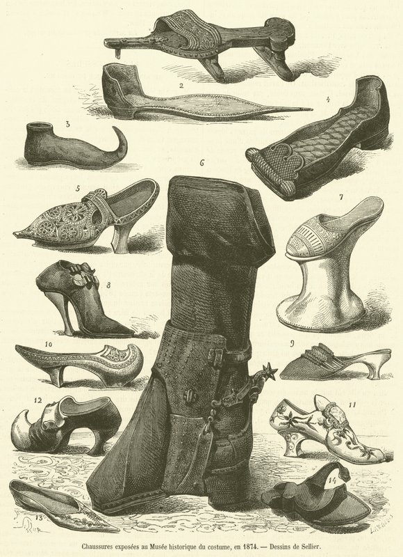 Skor utställda på Historiska Dräktmuseet, 1874 (gravyr) av French School