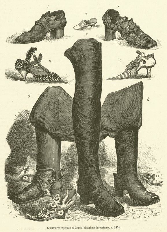 Skor utställda på det historiska kostymmuseet, 1874 (gravyr) av French School