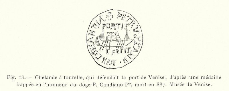 Chelande med torn, som försvarade hamnen i Venedig; från en medalj slagen för att hedra Doge P Candiano I, som dog 887, Museum of Venice (gravyr) av French School