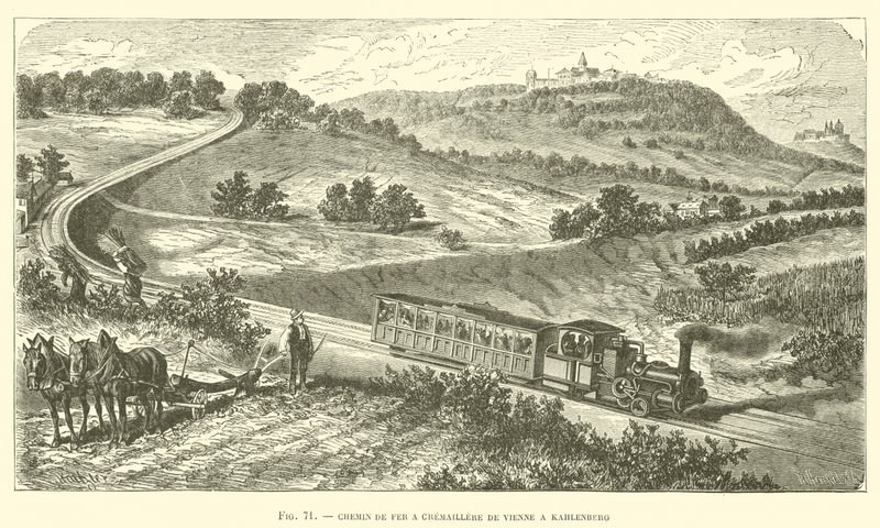 Rack Järnväg från Wien till Kahlenberg (gravyr) av French School