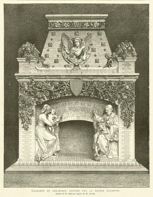 Keramisk eldstad utställd av Loebnitz-huset, teckning av M Sedille, figur av M Aller (gravyr) av French School