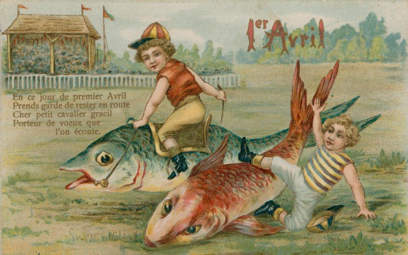 Barnjockeys som tävlar med fisk, 1 april-kort, 1913 av French School