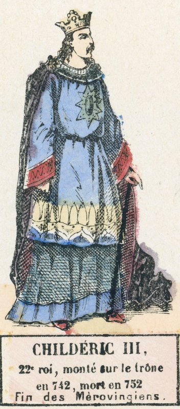 Childeric III, 22:a kungen, besteg tronen 742, dog 752, Merovingernas slut (färgad gravyr) av French School