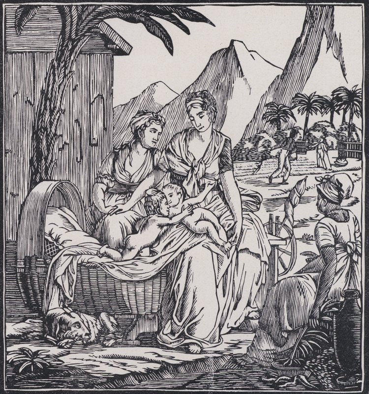 Pauls och Virginies barndom, scen ur den franske författaren Jacques-Henri Bernardin de Saint-Pierres roman Paul et Virginie (litografi) av French School