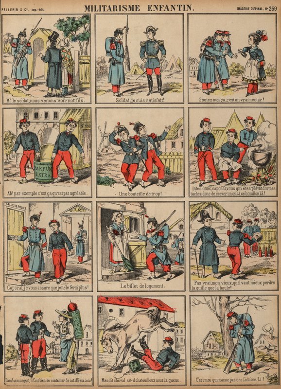 Barnslig militarism (färgad gravyr) av French School