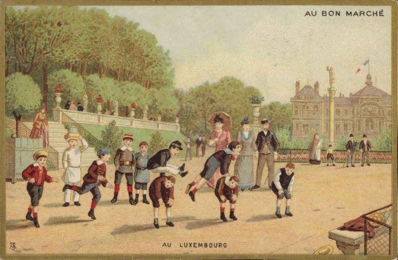 Barn som leker Leap Frog i Luxemburgs trädgårdar av French School