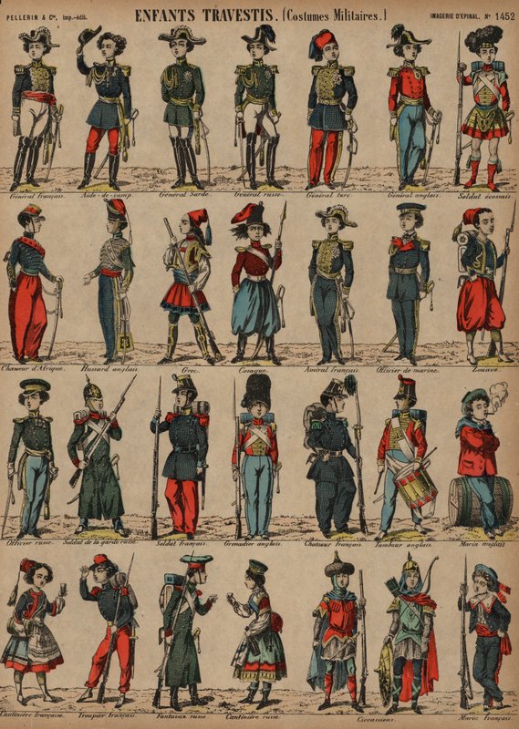 Militärdräkter för barn (färgad gravyr) av French School