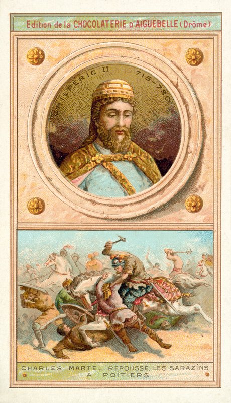 Chilperic II och Charles Martel besegrar morerna vid Poitiers, 732 (chromolitho) av French School