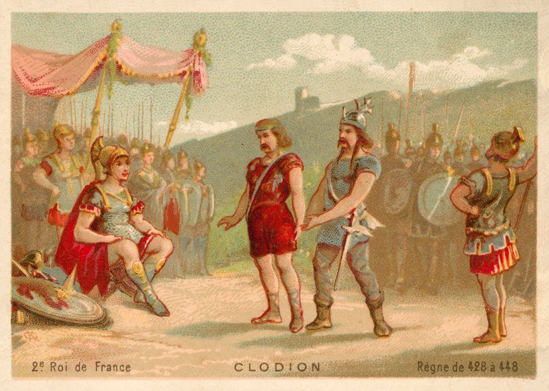 Chlodio, kung av de saliska frankerna (chromolitho) av French School