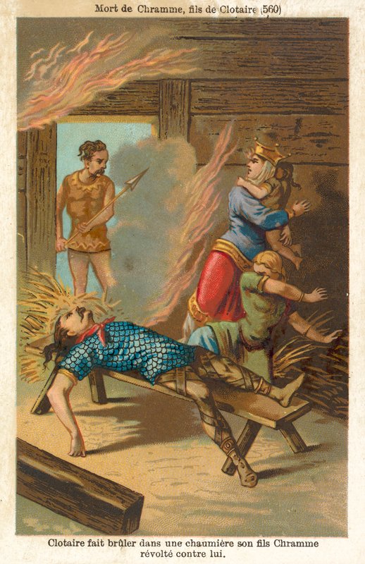 Chlothar I, frankernas kung, brände ihjäl sin rebellson Chram och hans familj, 560 (chromolitho) av French School