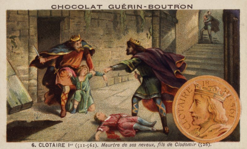 Chlothar I och mordet på hans syskonbarn, kung Clodomirs söner, 526 (chromolitho) av French School