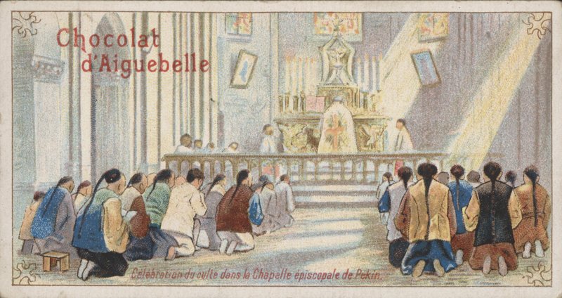 Kristna tillbedjan i det episkopala kapellet i Peking (chromolitho) av French School