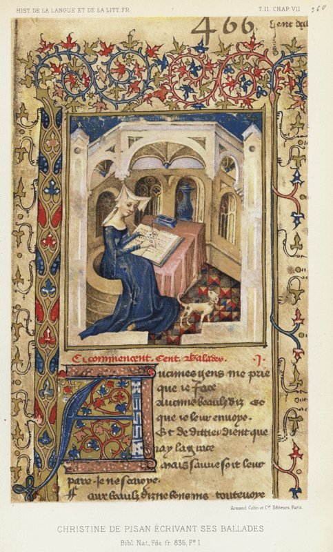Christine De Pisan skriver sina ballader (färglitografi) av French School