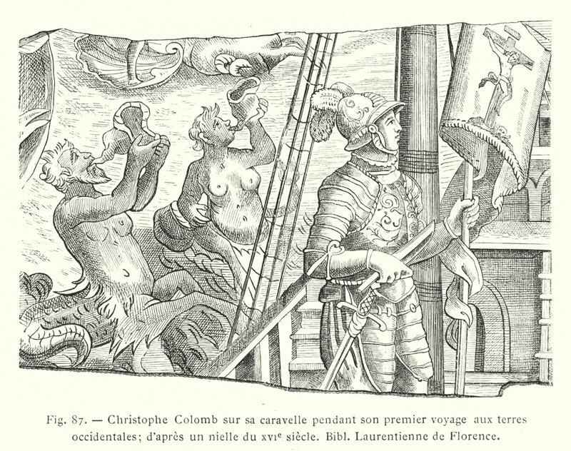 Christopher Columbus på sin karavel under sin första resa till västra länder; efter en niello från 1500-talet, Bibl Laurentienne de Florence (gravyr) av French School