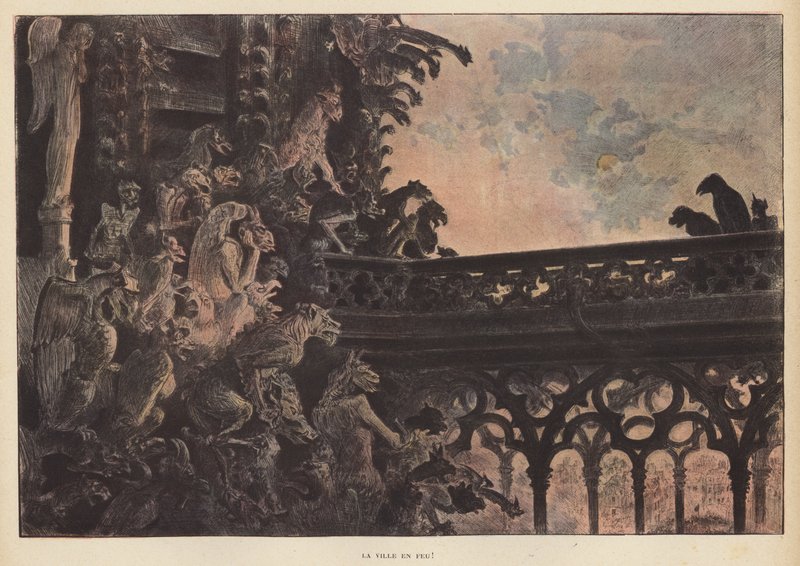 City on Fire (färg litho) av French School