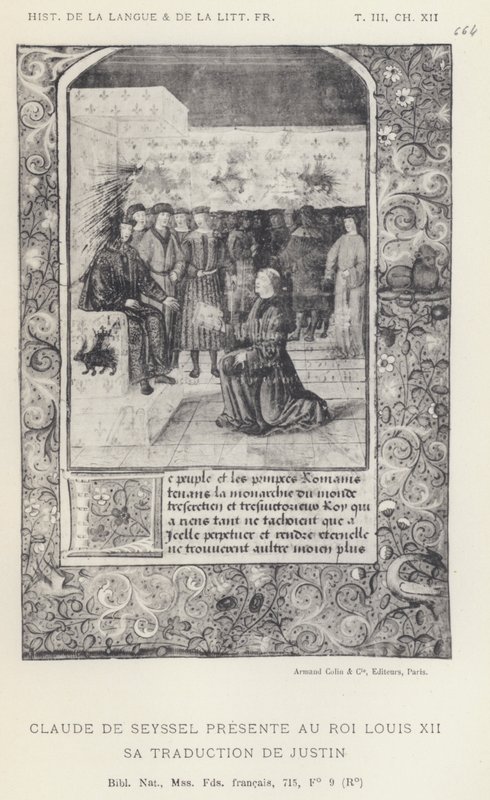 Claude De Seyssel presenterar för kung Ludvig XII sin översättning av Justin (litho) av French School
