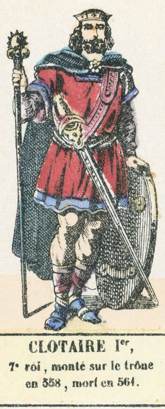 Clotaire I, 7:e kungen, besteg tronen 558, dog 561 (färgad gravyr) av French School