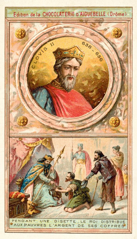 Clovis II ger pengar från sina kassor till de fattiga under en tid av svårigheter, 700-talet (chromolitho) av French School