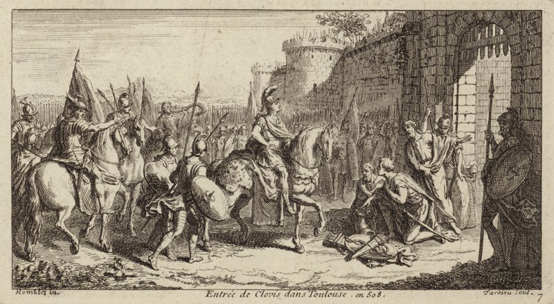 Clovis I, frankernas kung, går in i Toulouse efter att ha besegrat visigoterna, 508 av French School