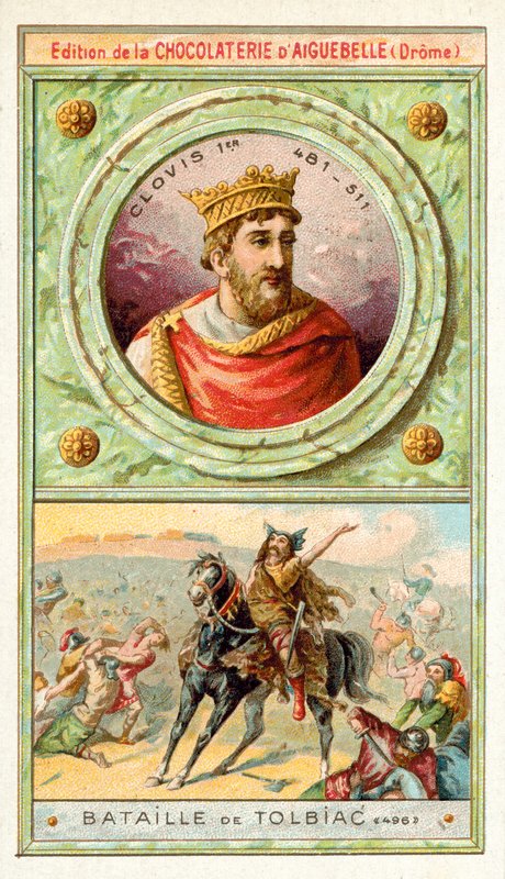 Clovis I i slaget vid Tolbiac, 496 (chromolitho) av French School
