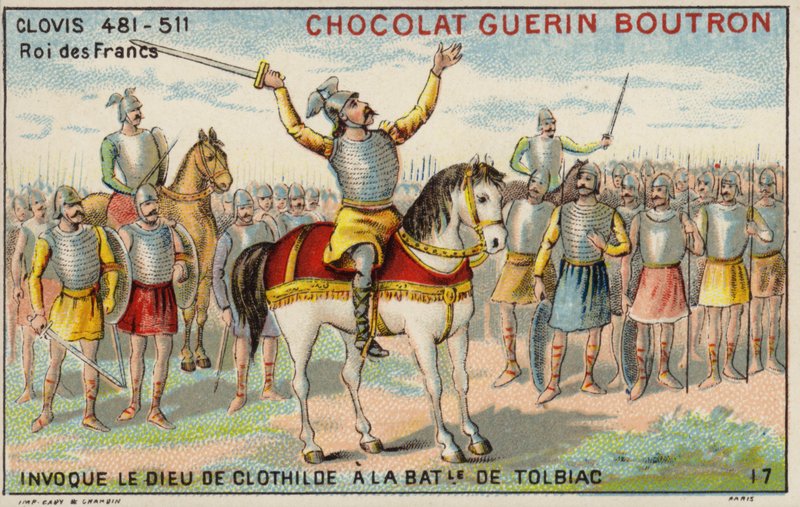 Clovis I som åberopar Clotildes gud vid slaget vid Tolbiac, 496 (chromolitho) av French School