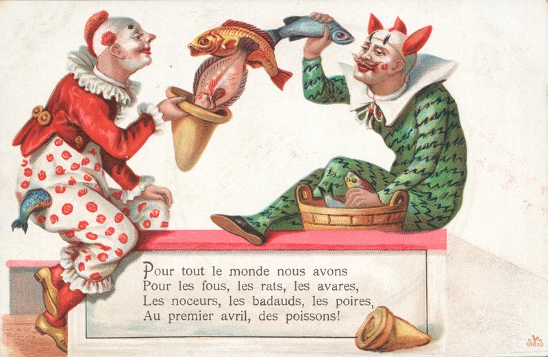 Clowner som jonglerar med fisk för 1 april av French School