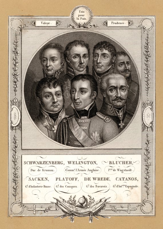 Koalitionens militära befälhavare för Napoleonkrigen: Fabian Gottlieb von der Osten-Sacken, rysk infanterigeneral; Matvei Platov, rysk general med befäl över Don-kosackerna; Karl Philipp von Wrede, bayersk general; Francisco Javier Castanos, Sp av French School