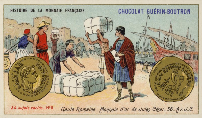 Mynt av Julius Caesar, Romerska Gallien, 56 f.Kr. (chromolitho) av French School
