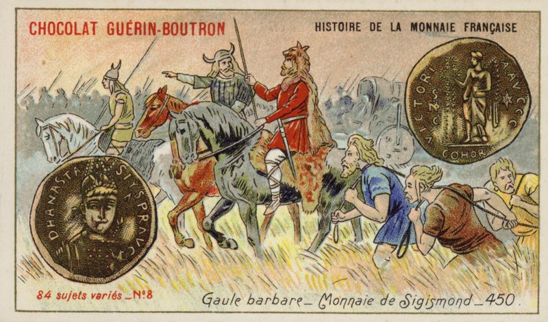 Coins of Sigismond, Barbarian Gaul, 450 (chromolitho) av French School