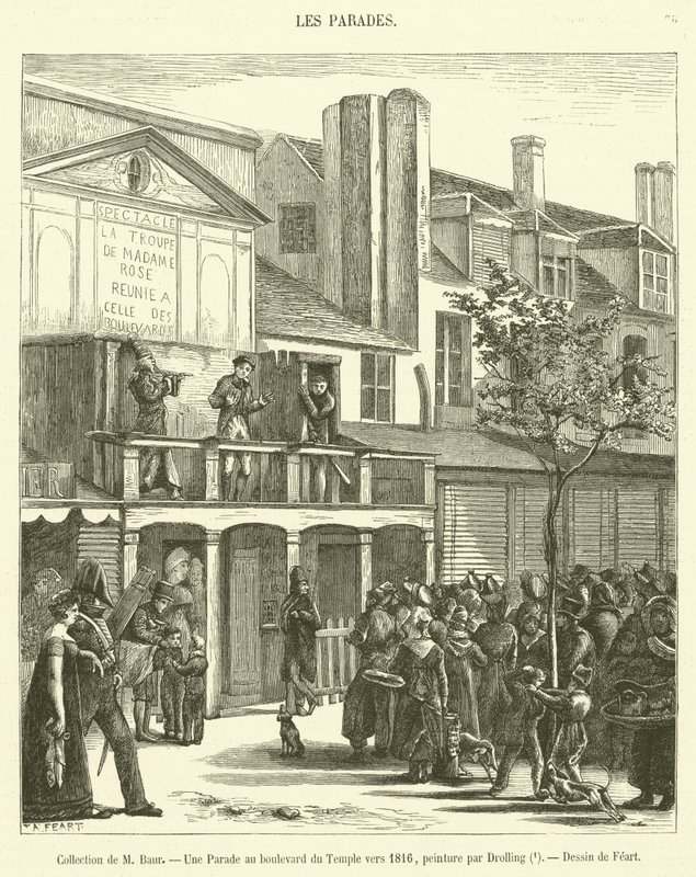 Samling av Mme Baur, en parad på Boulevard du Temple runt 1816 (gravyr) av French School